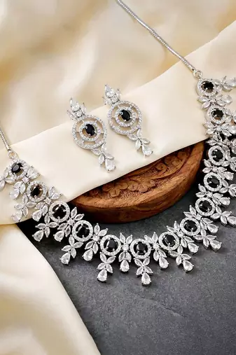 Silver black ad necklace set with earrings for office party wedding