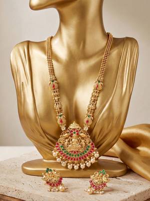 Lucky jewellery gold-plated laxmi idol temple ruby & green color necklace set 4