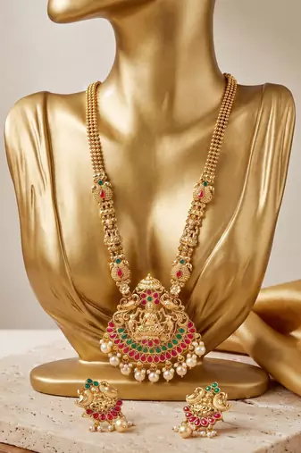 Lucky jewellery gold-plated laxmi idol temple ruby & green color necklace set