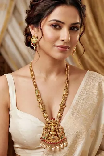 Lucky jewellery gold-plated laxmi idol temple ruby & green color necklace set