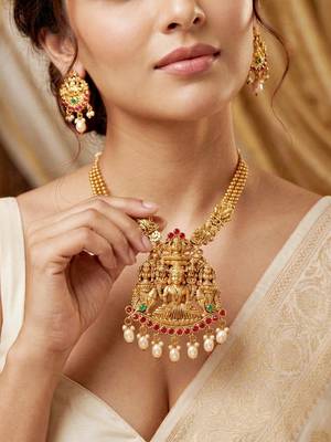 Lucky jewellery gold-plated laxmi idol temple ruby & green color necklace set 2