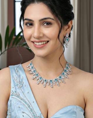 Silver ferozi ad necklace set with earrings for office party wedding 1
