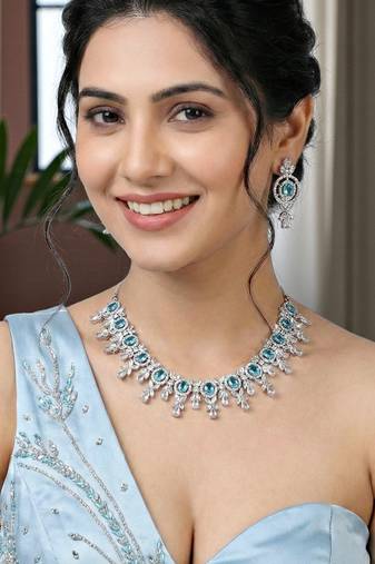 Silver ferozi ad necklace set with earrings for office party wedding