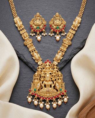 Lucky jewellery gold-plated laxmi idol temple ruby & green color necklace set 3