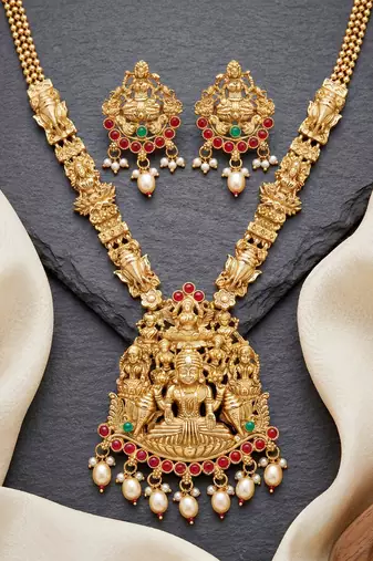 Lucky jewellery gold-plated laxmi idol temple ruby & green color necklace set