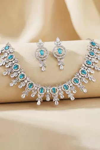 Silver ferozi ad necklace set with earrings for office party wedding