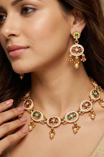 Lucky jewellery gold-plated meenakari red & green stone necklace set