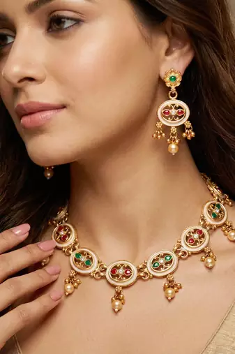 Lucky jewellery gold-plated meenakari red & green stone necklace set
