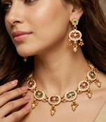 Lucky jewellery gold-plated meenakari red & green stone necklace set