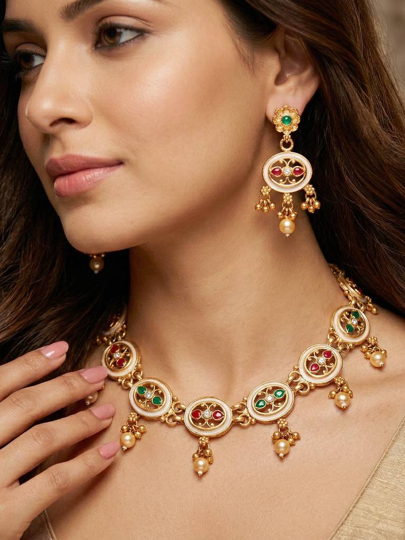 Lucky jewellery gold-plated meenakari red & green stone necklace set