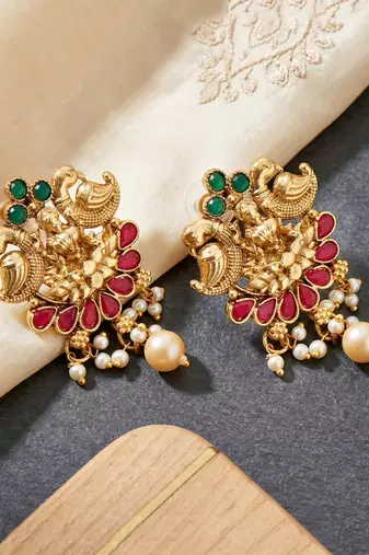 Lucky jewellery gold-plated laxmi idol temple ruby & green color necklace set