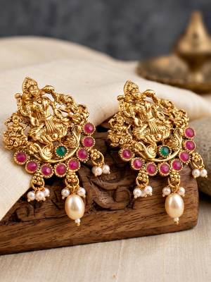 Lucky jewellery gold-plated laxmi idol temple ruby & green color necklace set 4