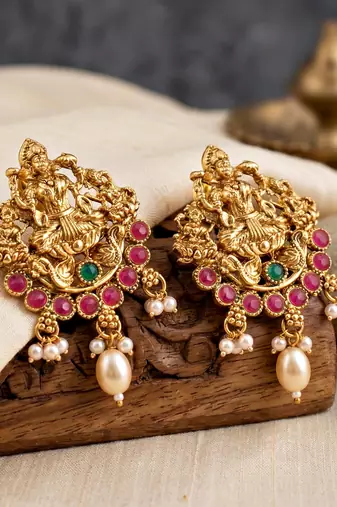 Lucky jewellery gold-plated laxmi idol temple ruby & green color necklace set