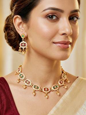 Lucky jewellery gold-plated meenakari red & green stone necklace set 2