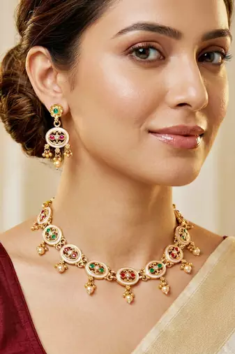 Lucky jewellery gold-plated meenakari red & green stone necklace set