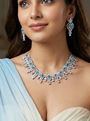 Silver ferozi ad necklace set with earrings for office party wedding 3