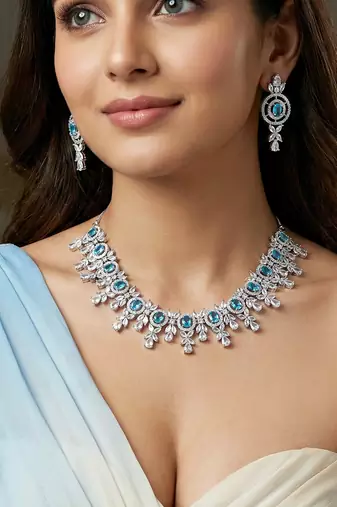 Silver ferozi ad necklace set with earrings for office party wedding