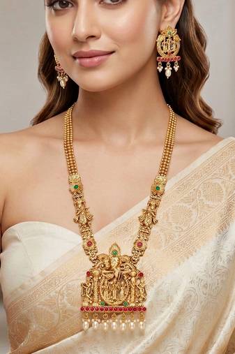 Lucky jewellery 18k gold-plated ram parivar ruby & green color necklace set