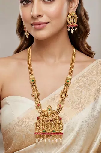 Lucky jewellery 18k gold-plated ram parivar ruby & green color necklace set