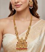 Lucky jewellery 18k gold-plated ram parivar ruby & green color necklace set