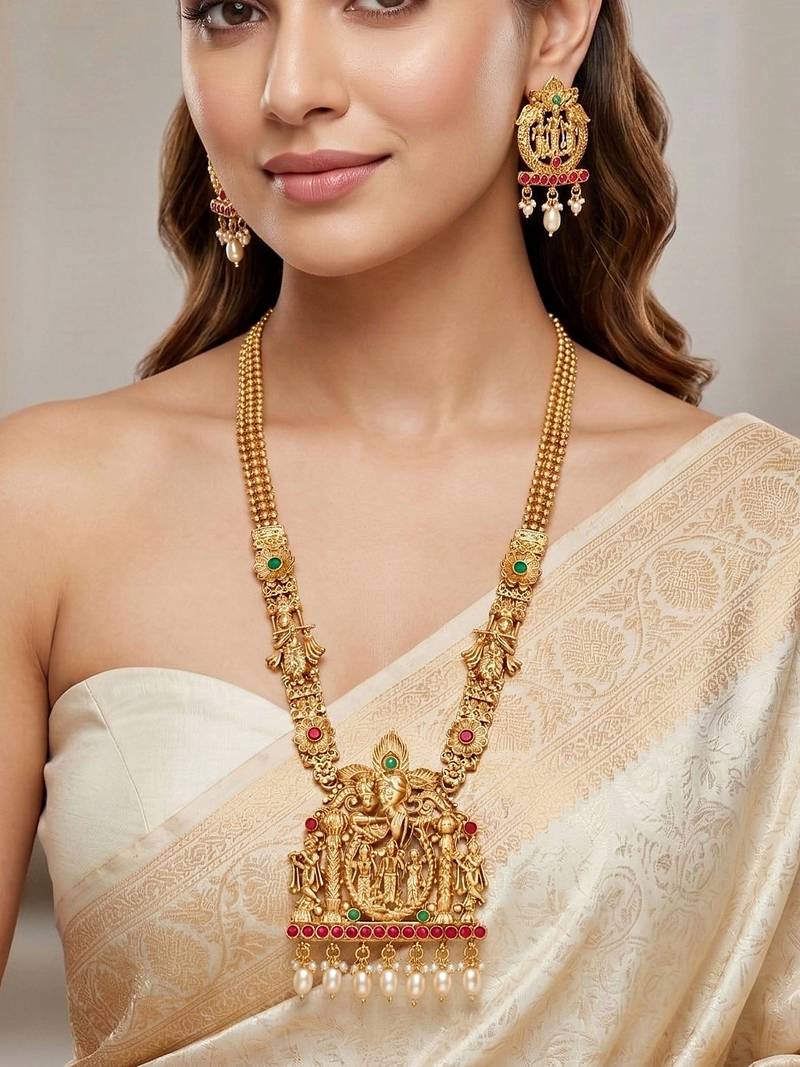 Lucky jewellery 18k gold-plated ram parivar ruby & green color necklace set