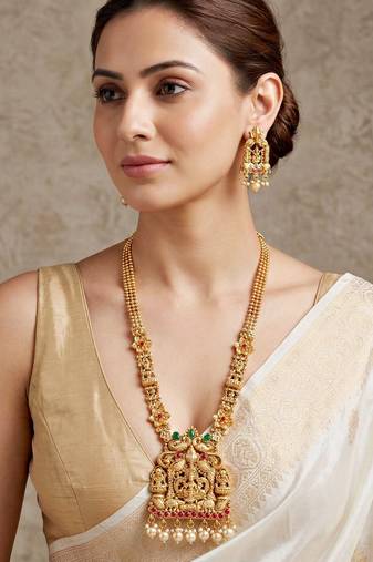 Lucky jewellery gold-plated ganesh laxmi ruby & green color temple necklace set