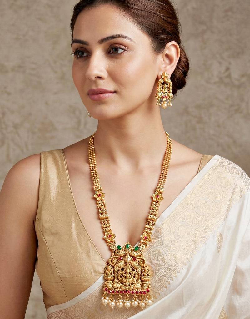 Lucky jewellery gold-plated ganesh laxmi ruby & green color temple necklace set