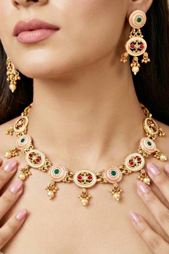 Lucky jewellery gold-plated meenakari red & green stone necklace set