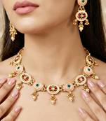 Lucky jewellery gold-plated meenakari red & green stone necklace set