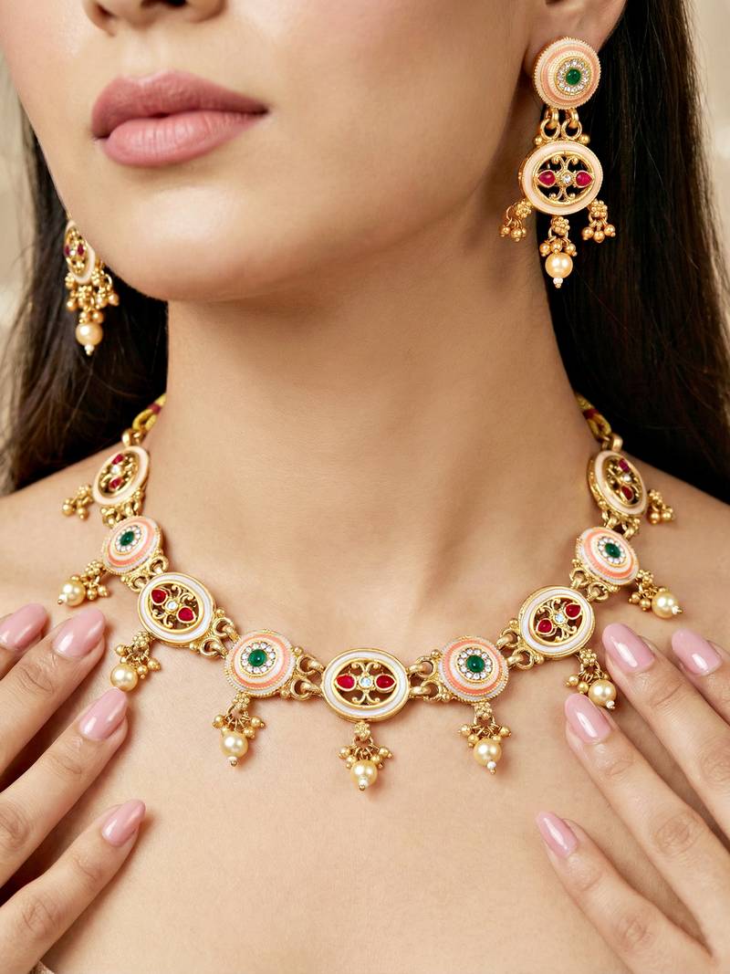 Lucky jewellery gold-plated meenakari red & green stone necklace set