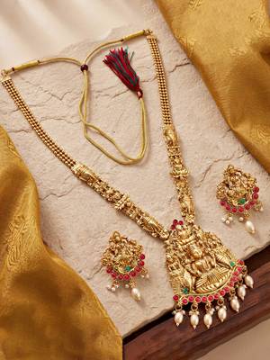 Lucky jewellery gold-plated laxmi idol temple ruby & green color necklace set 5