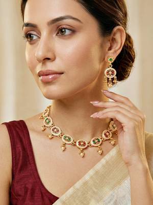 Lucky jewellery gold-plated meenakari red & green stone necklace set 3