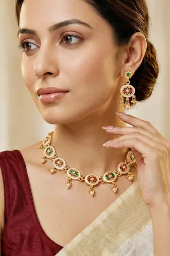 Lucky jewellery gold-plated meenakari red & green stone necklace set