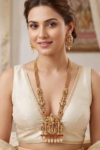 Lucky jewellery 18k gold-plated ram parivar ruby & green color necklace set