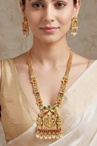 Lucky jewellery gold-plated ganesh laxmi ruby & green color temple necklace set
