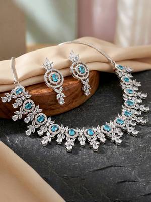 Silver ferozi ad necklace set with earrings for office party wedding 4