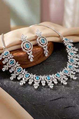 Silver ferozi ad necklace set with earrings for office party wedding