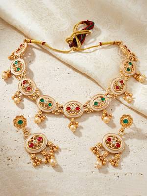 Lucky jewellery gold-plated meenakari red & green stone necklace set 4