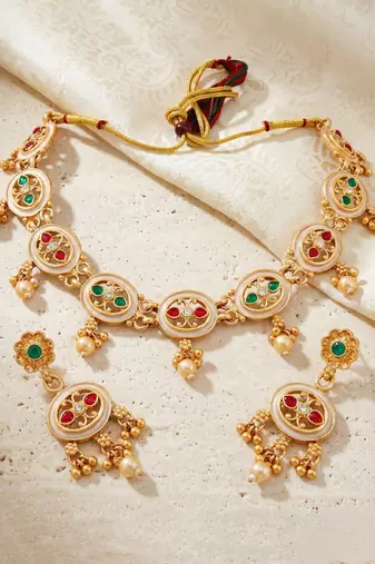 Lucky jewellery gold-plated meenakari red & green stone necklace set