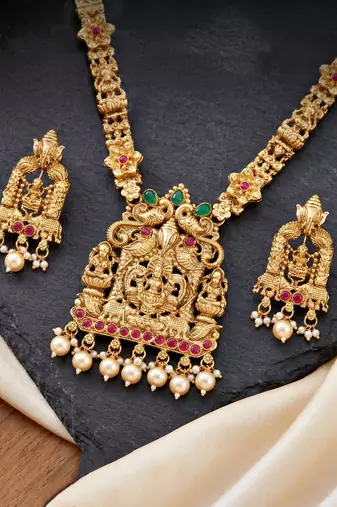 Lucky jewellery gold-plated ganesh laxmi ruby & green color temple necklace set