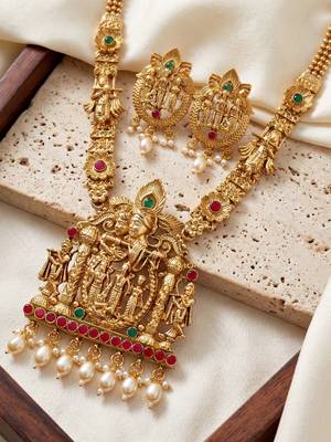 Lucky jewellery 18k gold-plated ram parivar ruby & green color necklace set 3