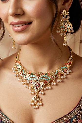 Gold plated navratan necklace set with earrings