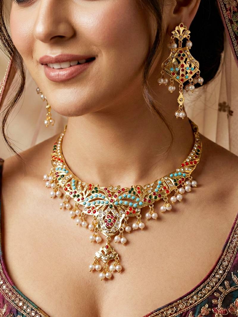Gold plated navratan necklace set with earrings