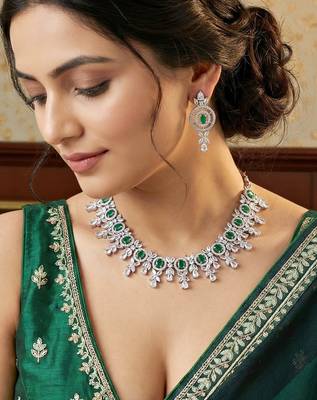 Silver green ad necklace set with earrings for office party wedding 1