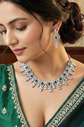 Silver green ad necklace set with earrings for office party wedding