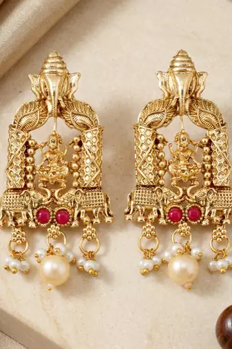 Lucky jewellery gold-plated ganesh laxmi ruby & green color temple necklace set