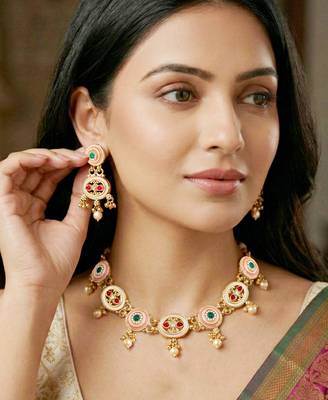 Lucky jewellery gold-plated meenakari red & green stone necklace set 3