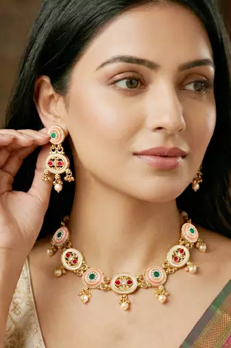 Lucky jewellery gold-plated meenakari red & green stone necklace set