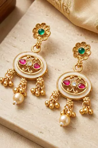 Lucky jewellery gold-plated meenakari red & green stone necklace set