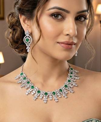 Silver green ad necklace set with earrings for office party wedding 2
